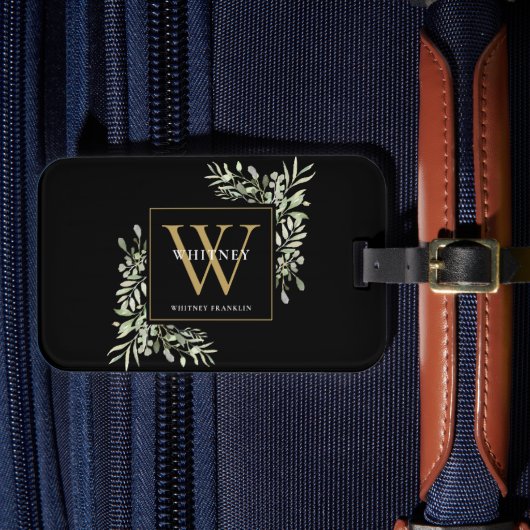 Groen goud monogram modern zwart bagagelabel (Voorkant Insitu 4)