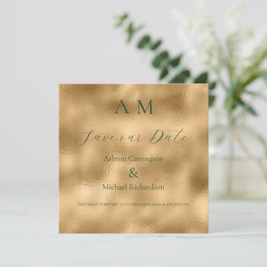 Groen Goud Monogram Moderne Trouw  Save The Date (Staand voorkant)