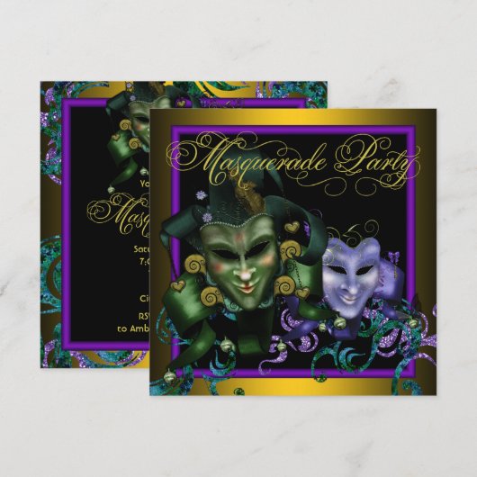 Groen Goud Paarse Masquerade Party Uitnodigingen (Voorkant / Achterkant)