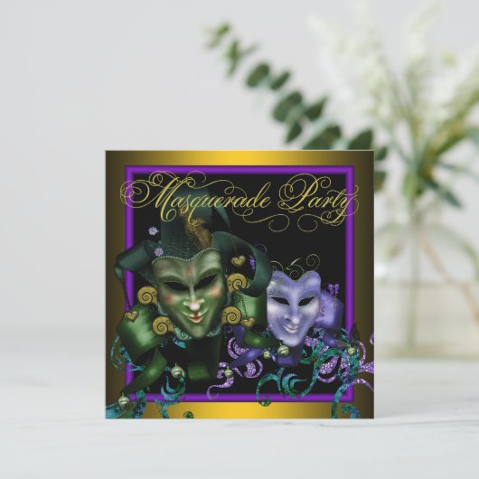 Groen Goud Paarse Masquerade Party Uitnodigingen (Staand voorkant)