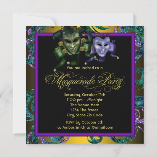 Groen Goud Paarse Masquerade Party Uitnodigingen (Achterkant)