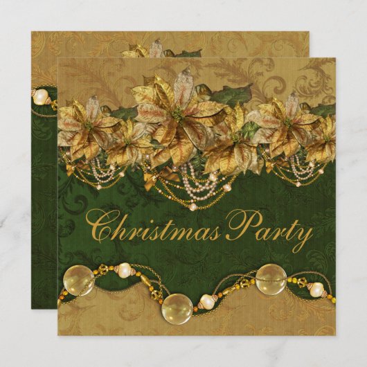 Groen Goud Poinsettia Goud Kerstfeest Kaart (Voorkant / Achterkant)