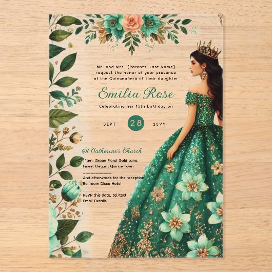 Groen Goud Quinceañera Emerald Jurk Mis Quince Acryl Uitnodigingen (Voorkant)