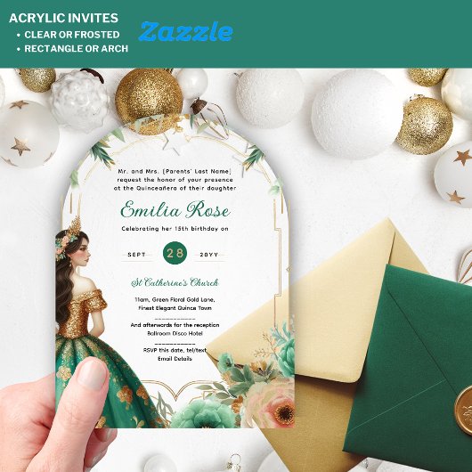 Groen Goud Quinceañera Emerald Jurk Mis Quince Acryl Uitnodigingen