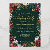 Groen Goud Rood Bloemen Werveltje Kerstfeest Folie Uitnodiging (Voorkant)