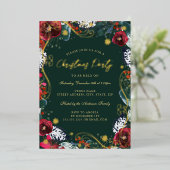 Groen Goud Rood Bloemen Werveltje Kerstfeest Folie Uitnodiging (Staand Voorkant)