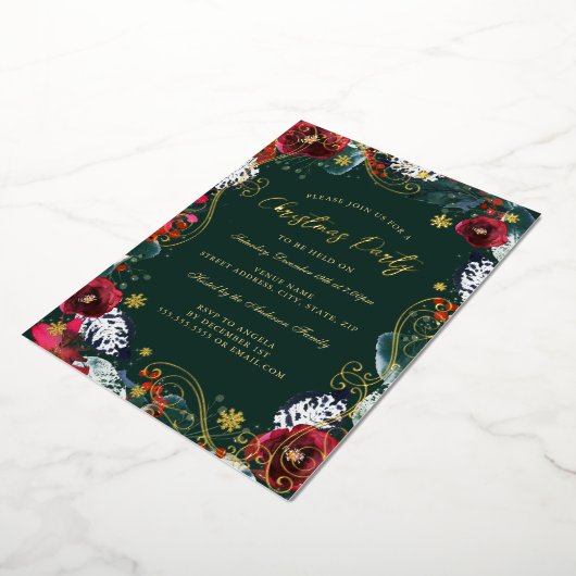 Groen Goud Rood Bloemen Werveltje Kerstfeest Folie Uitnodiging (Gedraaid)