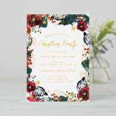 Groen Goud Rood Wit Bloemen Werveltje Kerstfeest Folie Uitnodiging (Staand Voorkant)