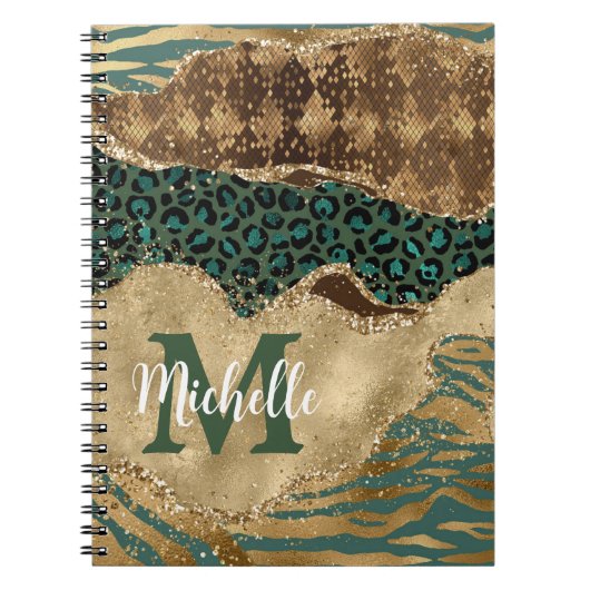 Groen & Goud Safari Dier Glitter Agate Monogram Notitieboek (Voorkant)