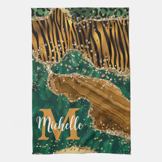 Groen & Goud Safari Dier Glitter Agate Monogram Theedoek (Verticaal)