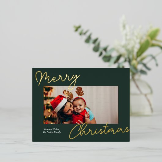 Groen Goud Script Vrolijk Kerstmis Eenvoudige Foto Folie Feestdagen Briefkaart (Staand Voorkant)
