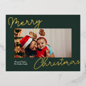 Groen Goud Script Vrolijk Kerstmis Eenvoudige Foto Folie Feestdagen Briefkaart (Voorkant)