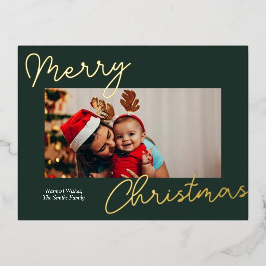 Groen Goud Script Vrolijk Kerstmis Eenvoudige Foto Folie Feestdagen Briefkaart (Voorkant)