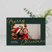 Groen Goud Script Vrolijk Kerstmis Eenvoudige Foto Folie Feestdagenkaart (Staand Voorkant)