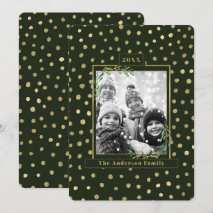 Groen & Goud Sneeuw Kerst Familie Foto Kaart