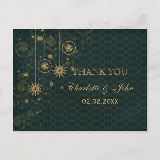 Groen goud Snowflakes Winter bruiloft Bedankt Briefkaart (Voorkant)