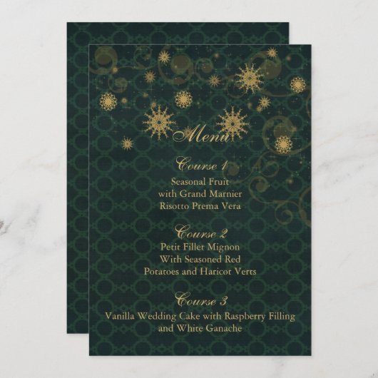 Groen goud Snowflakes Winter bruiloft menkkaarten Menu (Voorkant / Achterkant)