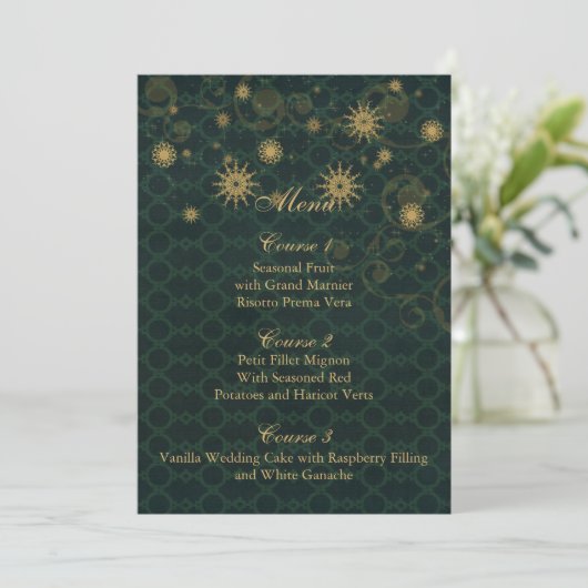 Groen goud Snowflakes Winter bruiloft menkkaarten Menu (Staand voorkant)
