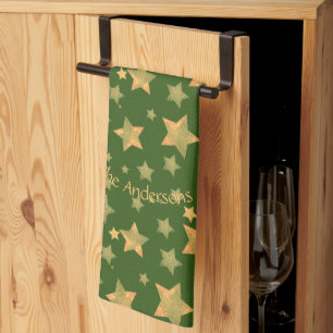 Groen Goud Sterren Patroon Elegant Vrolijk Kerstmi Theedoek