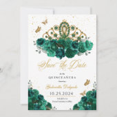 Groen & Goud Tiara Bewaar de datum Quinceañera Kaart (Voorkant)