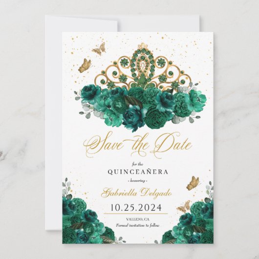 Groen & Goud Tiara Bewaar de datum Quinceañera Kaart (Voorkant)