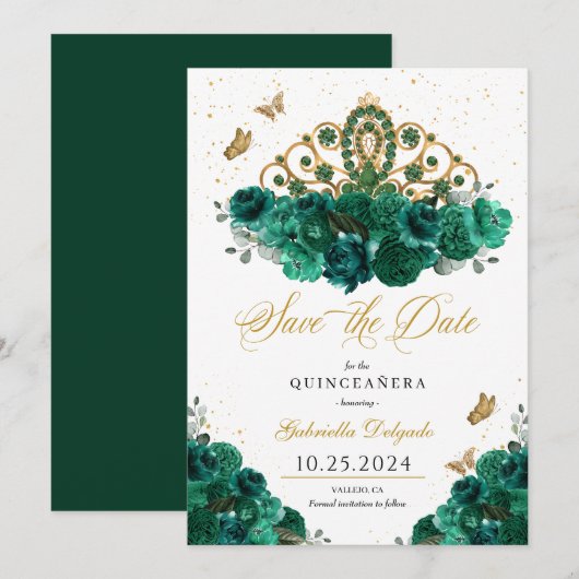 Groen & Goud Tiara Bewaar de datum Quinceañera Kaart (Voorkant / Achterkant)