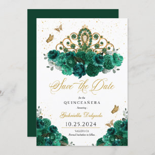 Groen & Goud Tiara Bewaar de datum Quinceañera Kaart