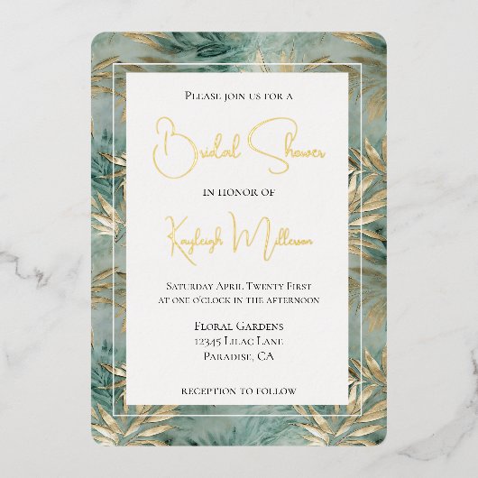 Groen Goud Tropical Leaves Vrijgezellenfeest Folie Uitnodiging (Voorkant)