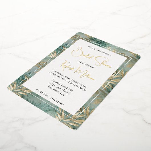 Groen Goud Tropical Leaves Vrijgezellenfeest Folie Uitnodiging (Gedraaid)