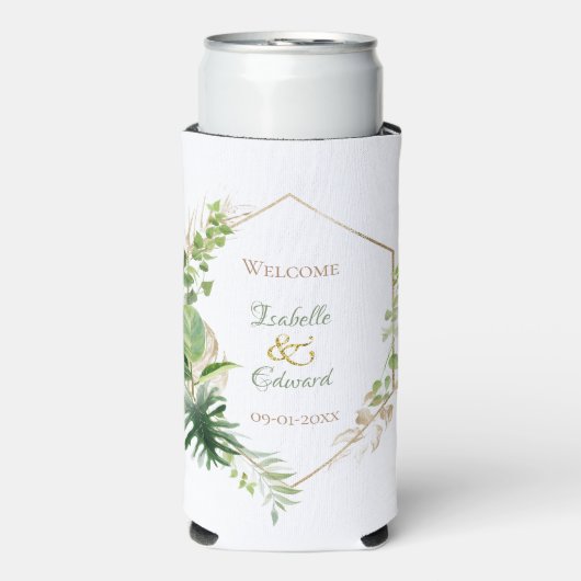 Groen & Goud Tropisch Monstera Verlaat Bruiloft Seltzer Blikjeskoeler (Seltzer Voorkant)