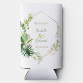 Groen & Goud Tropisch Monstera Verlaat Bruiloft Seltzer Blikjeskoeler (Achterkant)