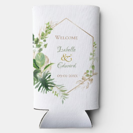 Groen & Goud Tropisch Monstera Verlaat Bruiloft Seltzer Blikjeskoeler (Achterkant)