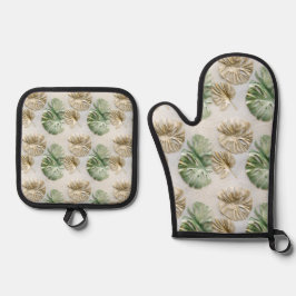 Groen goud tropische bladeren ovenwant & pannenlap set