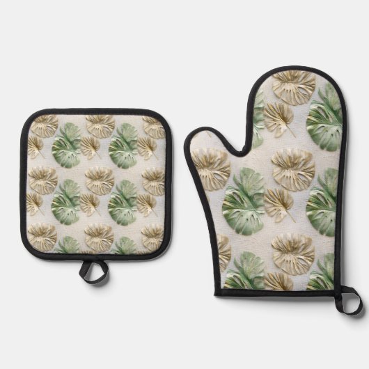 Groen goud tropische bladeren ovenwant & pannenlap set (Voorkant)
