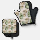 Groen goud tropische bladeren ovenwant & pannenlap set (Voorkant / Achterkant)