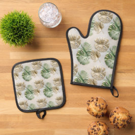 Groen goud tropische bladeren ovenwant & pannenlap set
