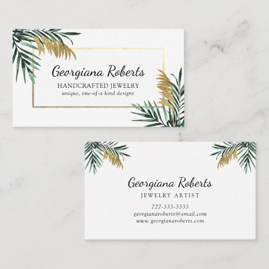 Groen Goud Tropische bladeren Sieraden Designer Visitekaartje (Voorkant / Achterkant)