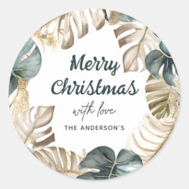 Groen & Goud Tropische Palm Krans Kerstmis Ronde Sticker
