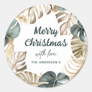 Groen & Goud Tropische Palm Krans Kerstmis Ronde Sticker