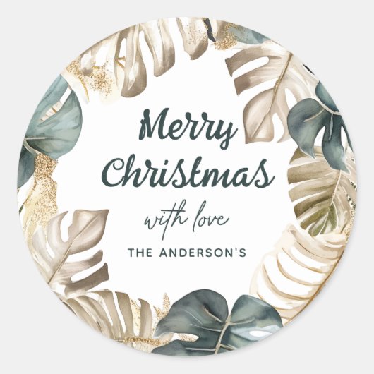 Groen & Goud Tropische Palm Krans Kerstmis Ronde Sticker (Voorkant)