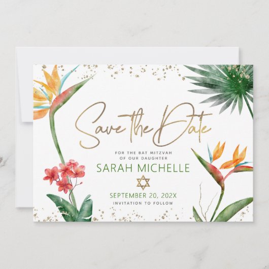 Groen Goud Tropische Vleermuis Mitswa Bloemenpalm  Save The Date (Voorkant)