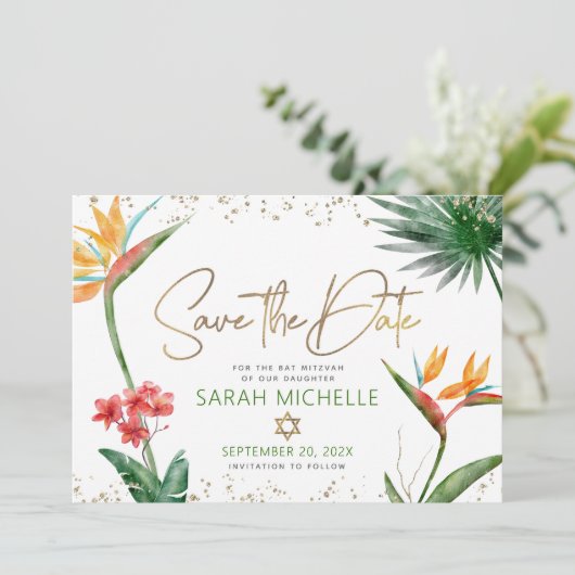 Groen Goud Tropische Vleermuis Mitswa Bloemenpalm  Save The Date (Staand voorkant)