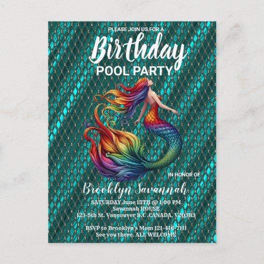 Groen Goud Turquoise Zeemeermin Staart Pool Party Briefkaart (Voorkant)