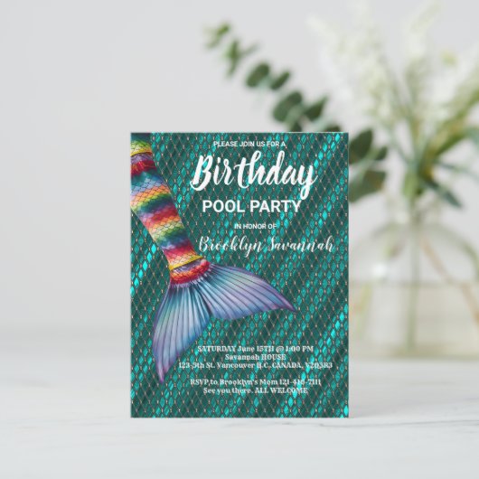 Groen Goud Turquoise Zeemeermin Staart Pool Party Briefkaart (Staand voorkant)