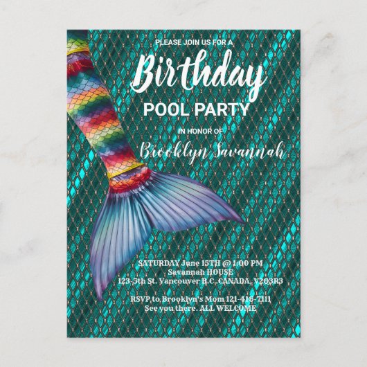 Groen Goud Turquoise Zeemeermin Staart Pool Party Briefkaart (Voorkant)
