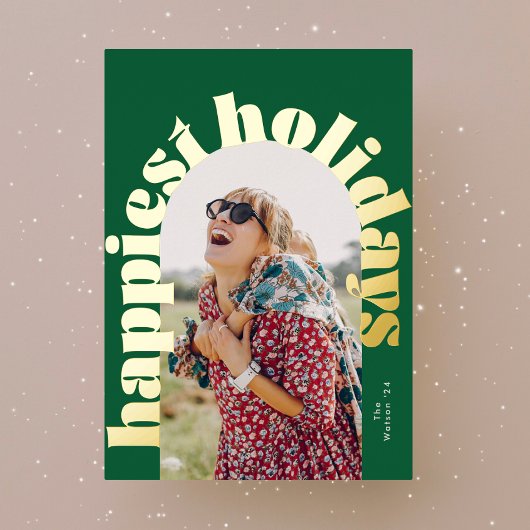 Groen & Goud Vet Typografie Ovale Foto Kerstmis Folie Feestdagenkaart