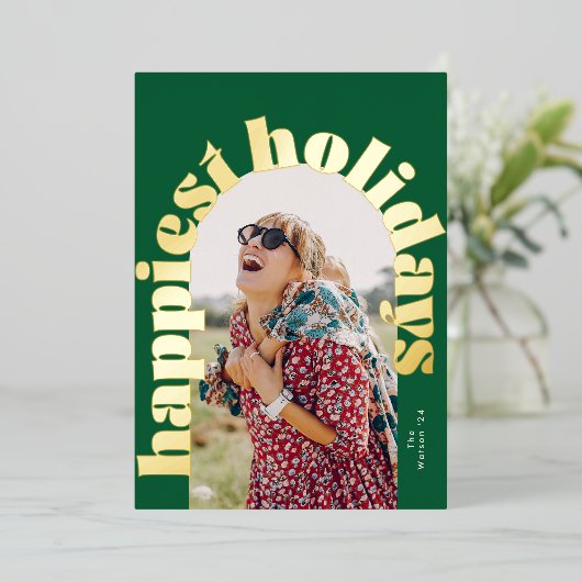 Groen & Goud Vet Typografie Ovale Foto Kerstmis Folie Feestdagenkaart (Staand Voorkant)