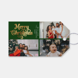 Groen & Goud Vrolijk Kerstfeest Familie Fotocollag Cadeaulabel