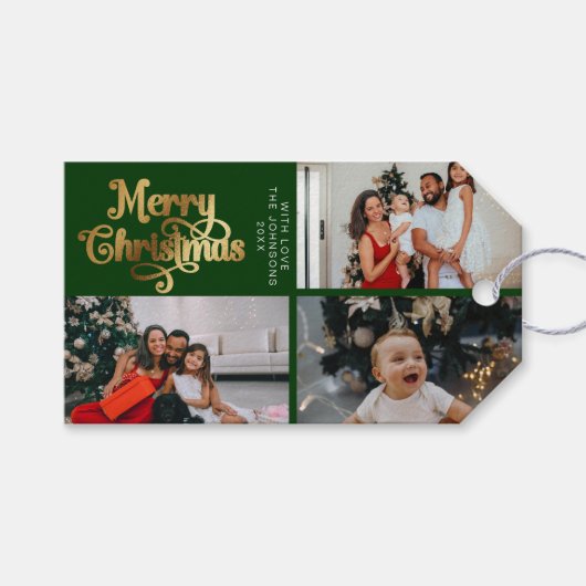 Groen & Goud Vrolijk Kerstfeest Familie Fotocollag Cadeaulabel (Voorkant (Horizontaal))