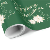 Groen & Goud Vrolijk Kerstfeest met Witte Poinsett Cadeaupapier (Rol Hoek)